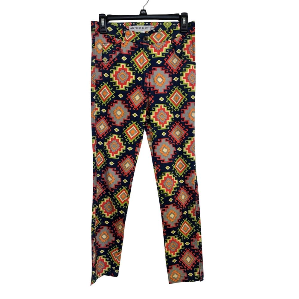 Gretchen Scott Vibrant Aztec Geometric Gripeless Slim Pants Small Stretch